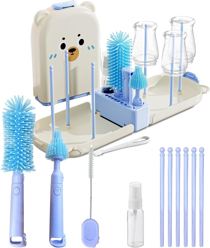 Detsuk Blue Travel Bottle Cleaner Kit with Drying Rack – 6-in-1 Baby Bottle Washer & Silicone Brush Set for Pump Parts, Nipples & Straws – Portable Baby Travel Essential in Compact Case - Image 1